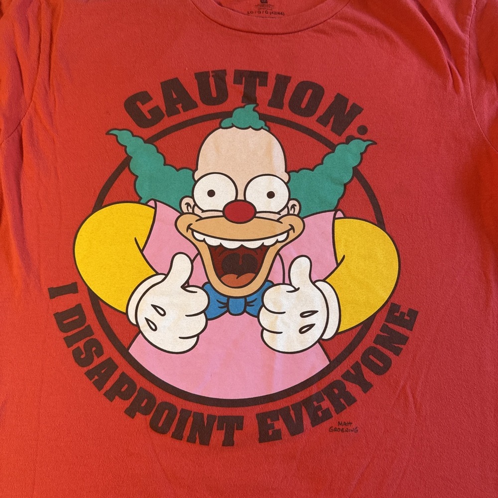 The Simpsons Krusty The Clown Caution I Disappoint Everyone Red Shirt Mens L